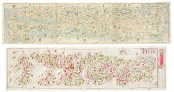 (JAPAN.) Group of 4 large Edo-period panoramic maps of the roadways, waterways, cities, and topography of Japans chain of islands.